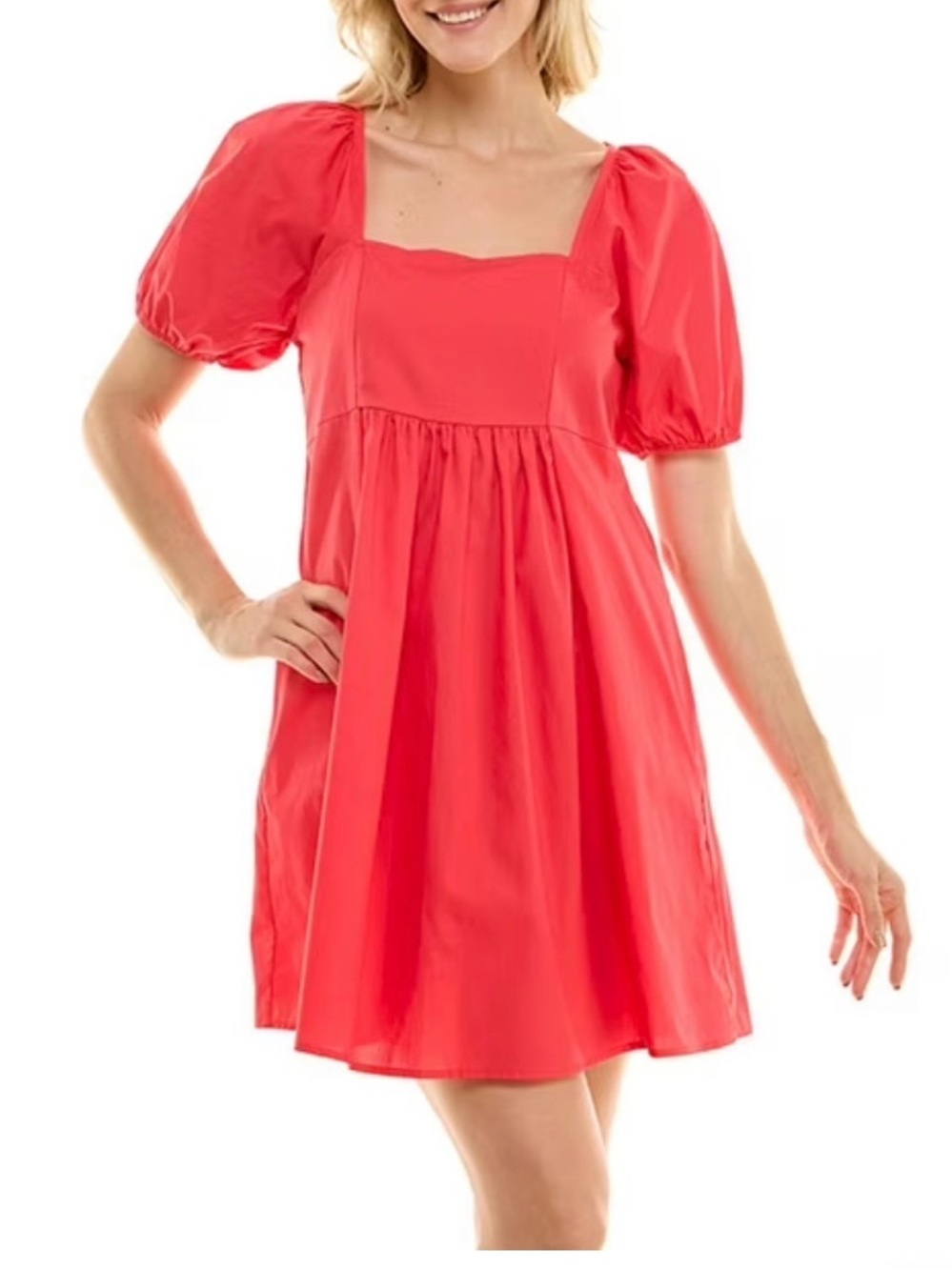 Draper James Red Puff-Sleeve Square-Neck Mini Dress